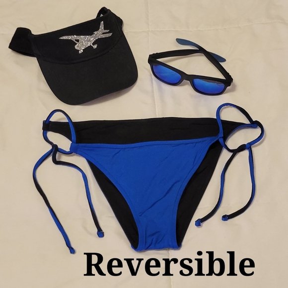 ❣️HP❣️Reversible black & blue tie string bikini bottoms. mix & match Sz:M - Picture 1 of 4